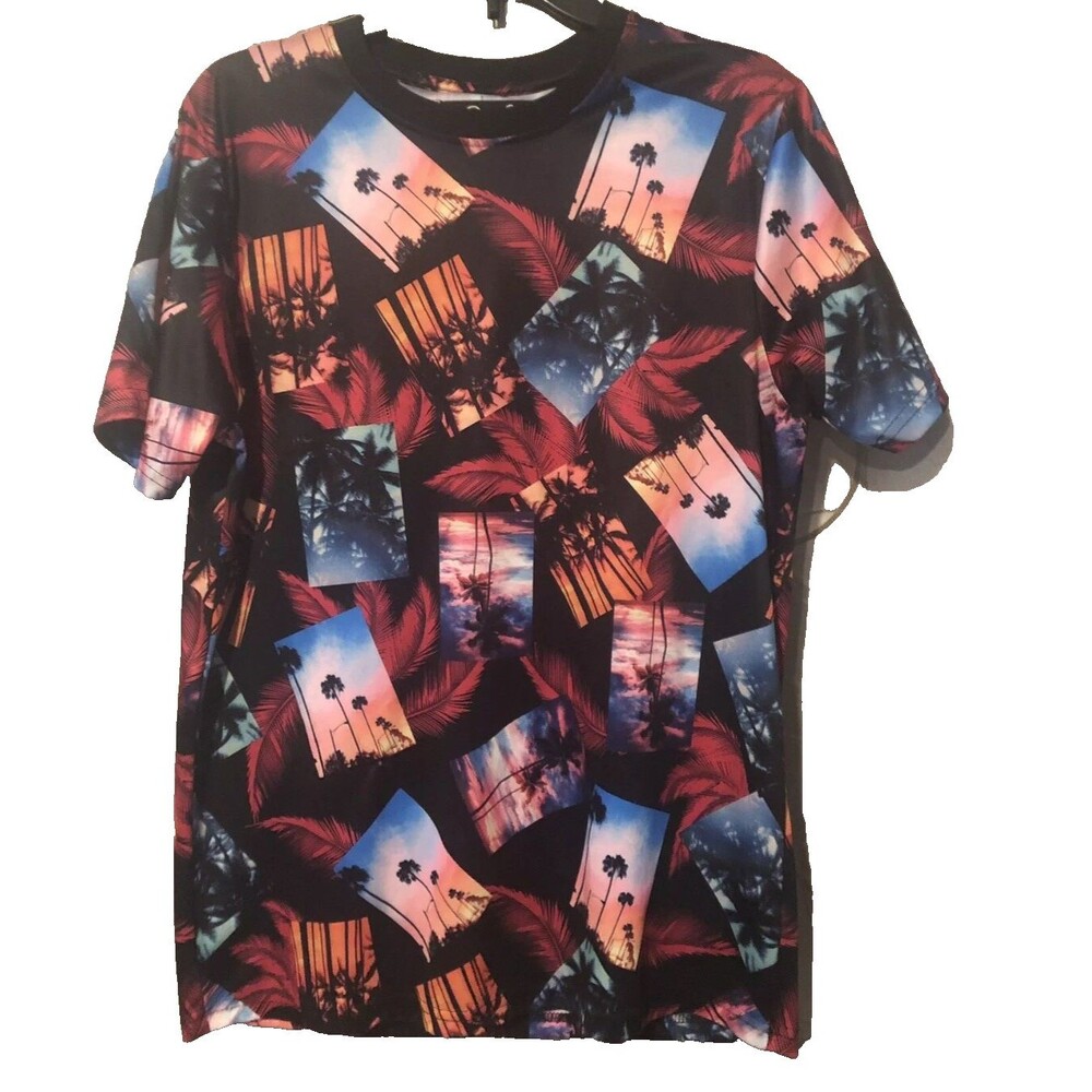 Good Vibes Tropical Palm Tree Sunset Graphic T Shirt Mens Medium Beach AOP